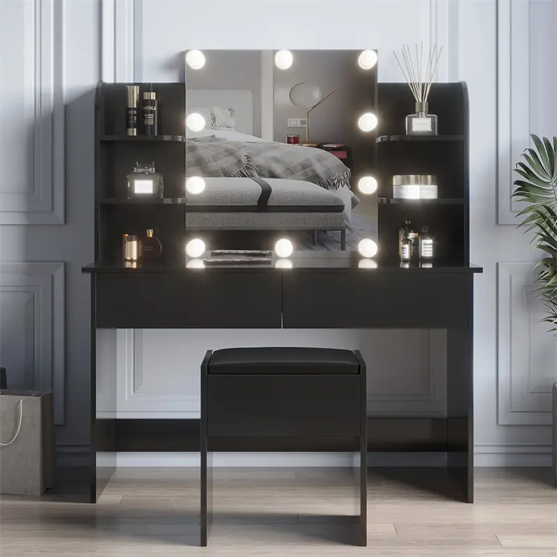 OEM Modern Dressing table with 2 Drawers, 4 open shelves Rectangular Makeup Table with Mirror, 10-lamp bulb, 42.52*15.75* 52.76inch, for Bedroom, Black color Companies, Company