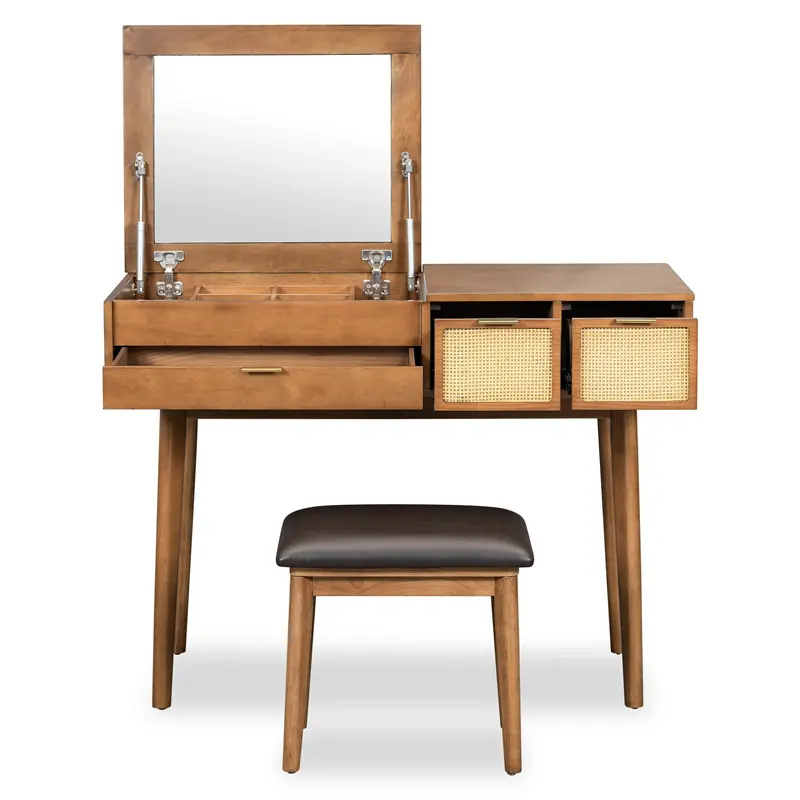 China 43.3" Classic Wood Makeup Vanity Set with Flip-top Mirror and Stool, Dressing Table with Three Drawers and storage space, Brown Companies, Factories