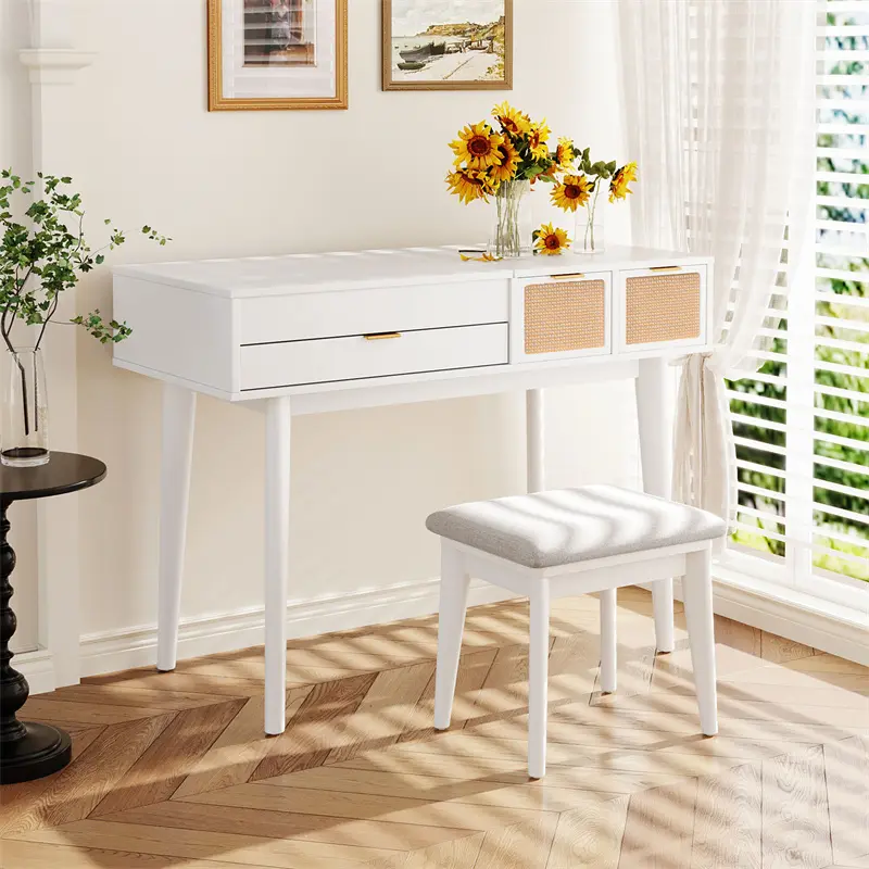 Buy 43.3" Classic Wood Makeup Vanity Set with Flip-top Mirror and Stool, Dressing Table with Three Drawers and storage space, White Companies, Pricelist