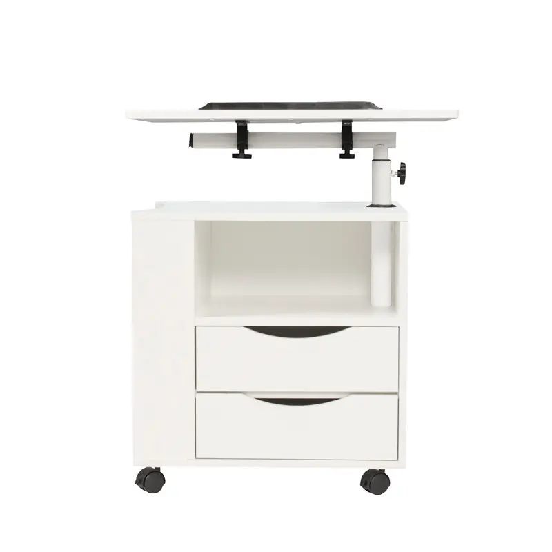 OEM Height Adjustable side Table Wooden with Swivel Top, Storage Drawers, Wheels and Open Shelf, (White) Product, Company