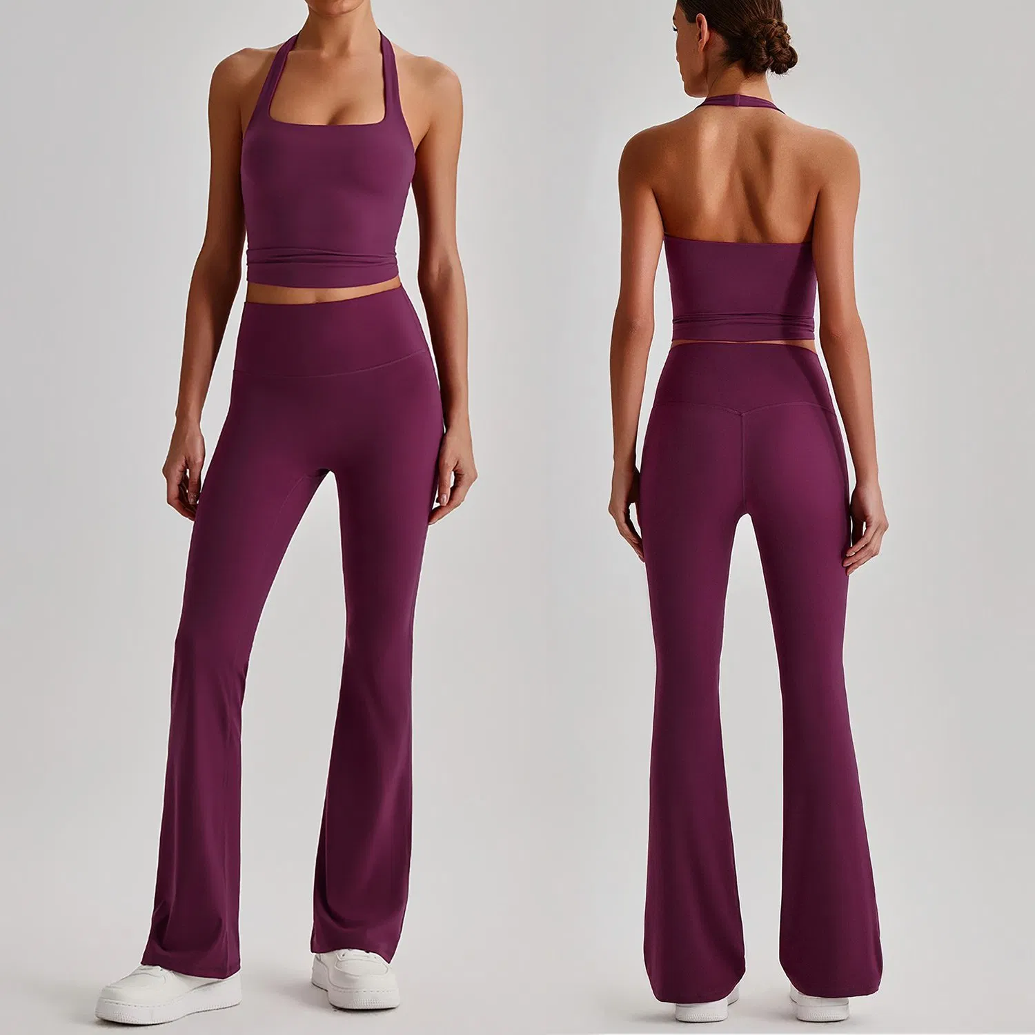 Conjunto de Yoga Feminino Personalizado de 2 Peças com Top Cropped de Decote Halter Costas Nuas e Leggings de Cintura Alta com Pernas Largas 4 Com Stretch de Duas Maneiras e Respirável para Treino na Academia