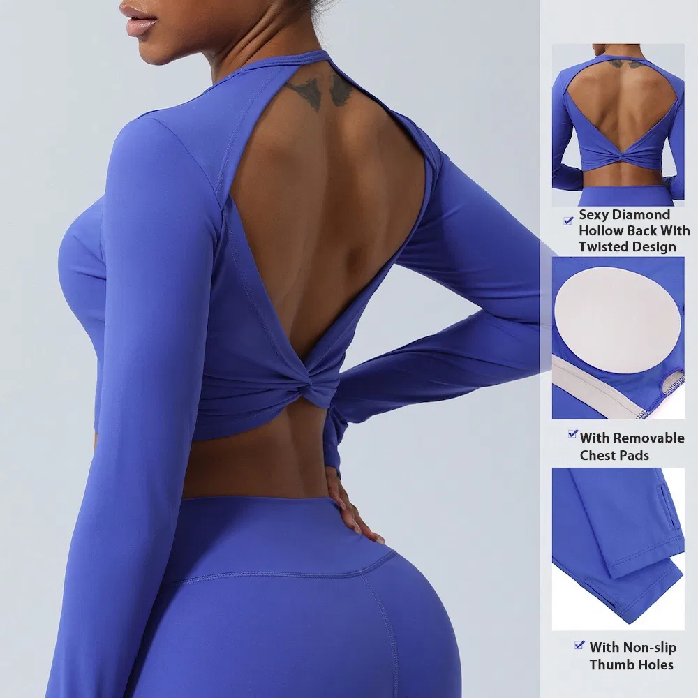 Roupas de Ciclismo de Ginástica Sexy com Corte em Diamante Oco Costas Descobertas de Atacado, Top Cropped de Manga Longa para Mulheres, Camiseta de Yoga e Corrida com Impressão de Logotipo Personalizada e Aberturas para os Dedos