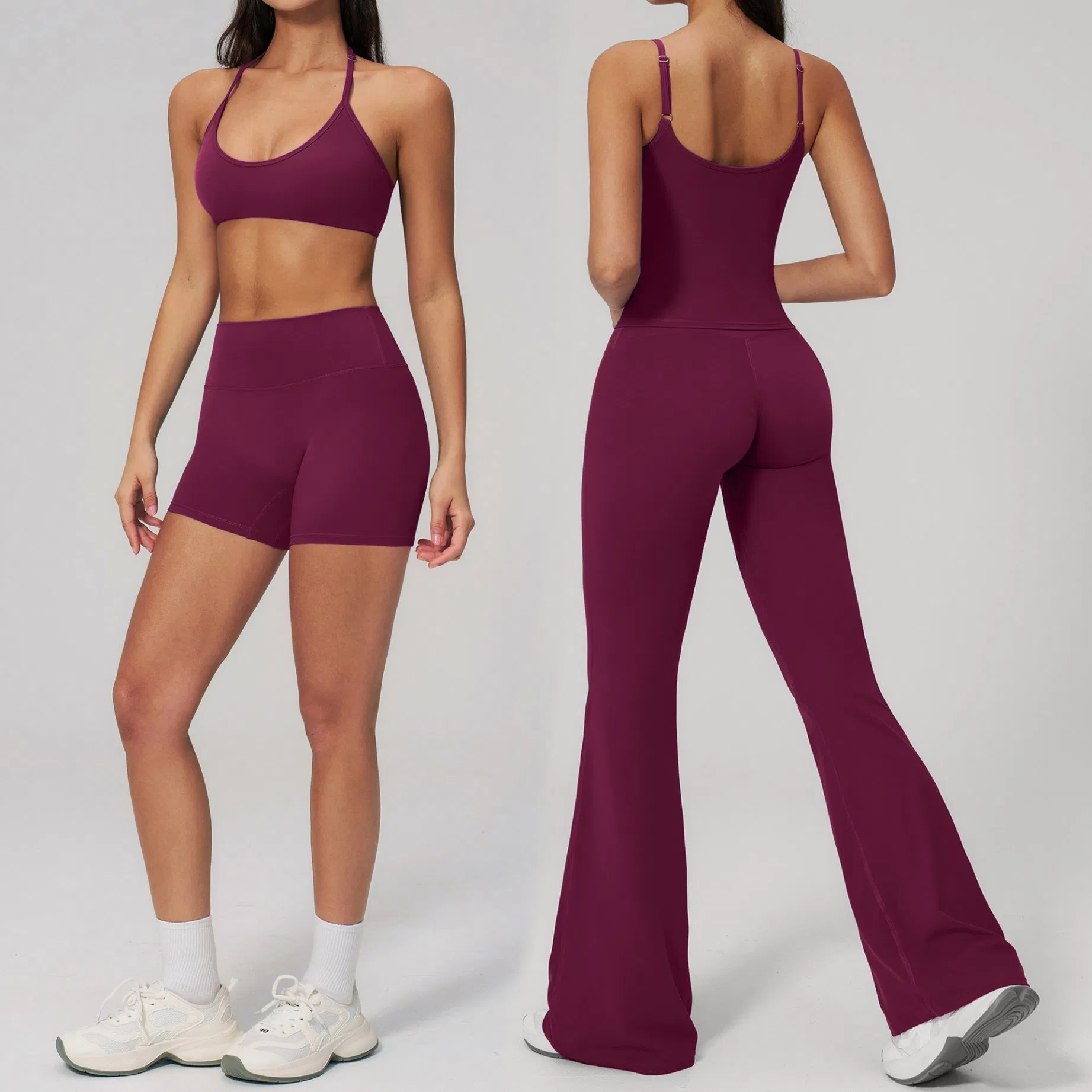 Roupas de Atividade Física Femininas Atacado, Roupas de Exercício, Roupas de Yoga com Sutiã/Camisetas, Shorts Justos, Leggings, Calças Flare
