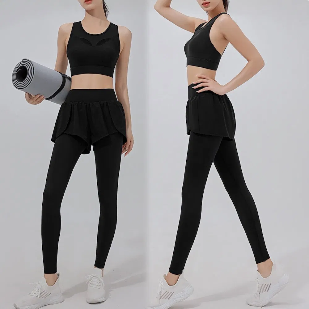 Roupas de Treinamento Diárias de Modelagem Corporal por Atacado 2PCS para Mulheres, Personalizar Impressão de Logo, Sutiã Esportivo de Alto Impacto e Conjuntos de Leggings com Saia para Exercícios