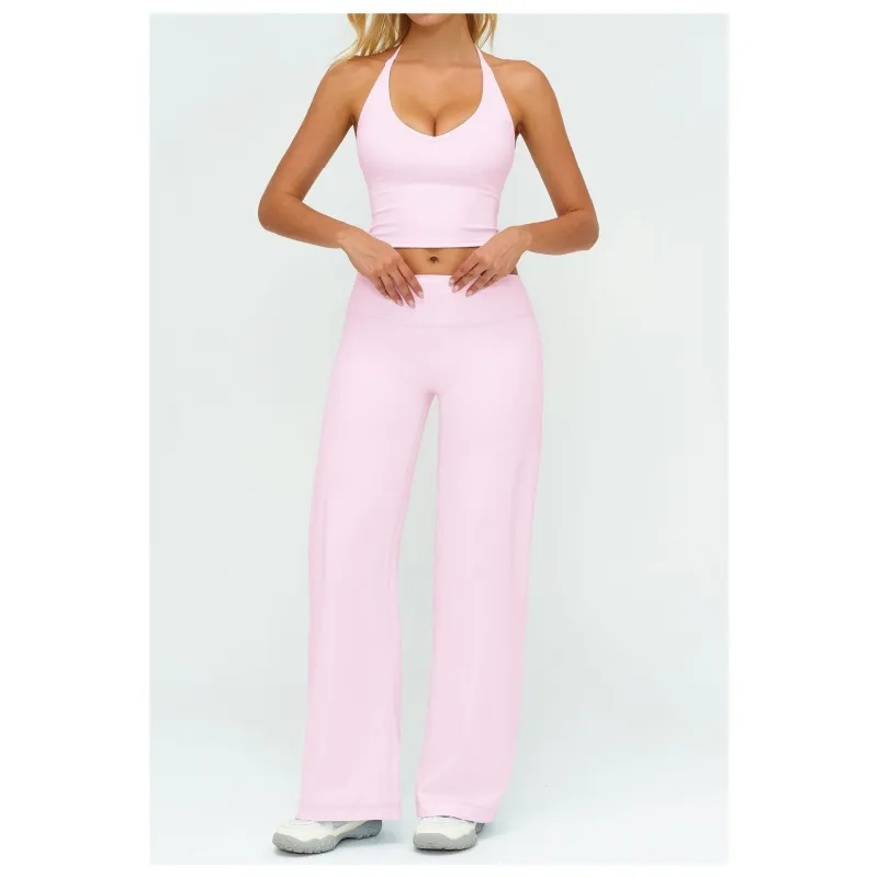 Colete de Yoga Feminino Fitness V-Neck Halter Neck Sutiã de Yoga Ajustado Moda Colete Esportivo Calças Longas de Perna Larga Roupas de Academia
