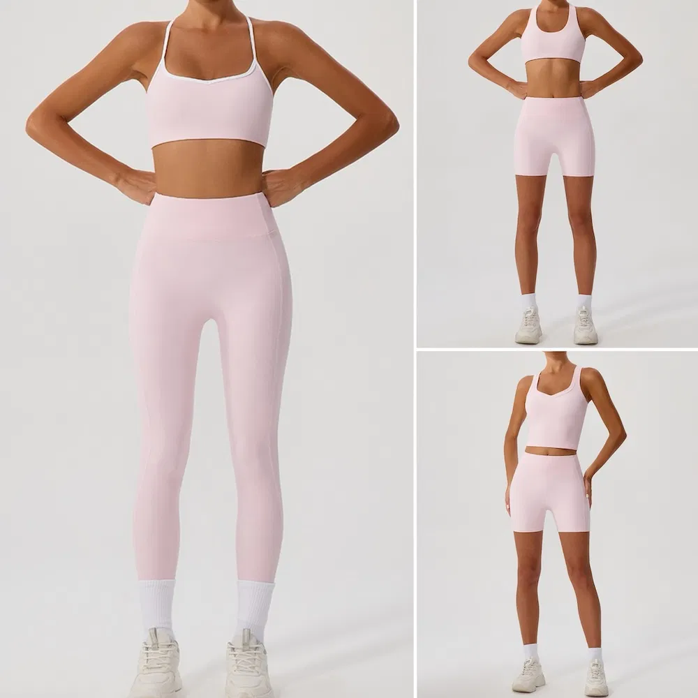 Roupas de Fitness Sexy Novas Tendências Conjunto de Roupas de Ginástica em Bloco de Cores para Mulheres, 3 Estilos Sutiã Esportivo + Shorts Biker + Leggings de Corrida 5PCS Conjunto de Yoga para Treino Combinar