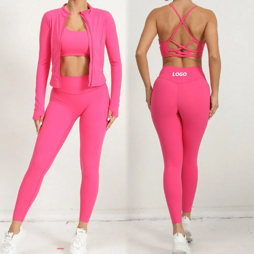 Personalize o Logotipo 3PCS Roupas Casuais Sexy e Quentes para Esportes, Casaco de Fitness de Manga Longa + Sutiã de Yoga com Costas Strappy + Conjunto de Leggings de Ginástica
