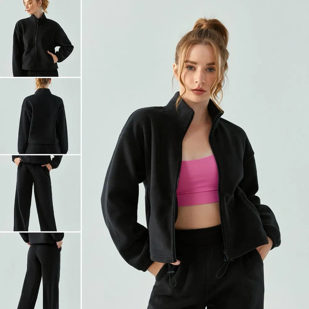 Conjuntos de moletom plus size forrados de fleece para atacado, roupas esportivas de ginásio, vestuário de rua personalizado, jaqueta casual com zíper + calças jogger, conjuntos de treino para mulheres