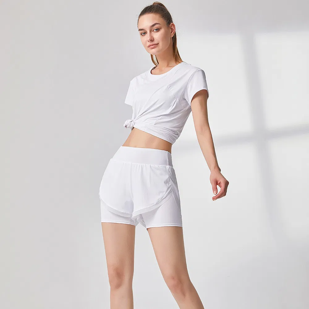 Atacado de Fábrica 5XL Roupas de Ginástica Plus Size para Mulheres, 2 Conjunto de Camisetas de Verão para Corrida com Bolso Oculto e Shorts Atletas
