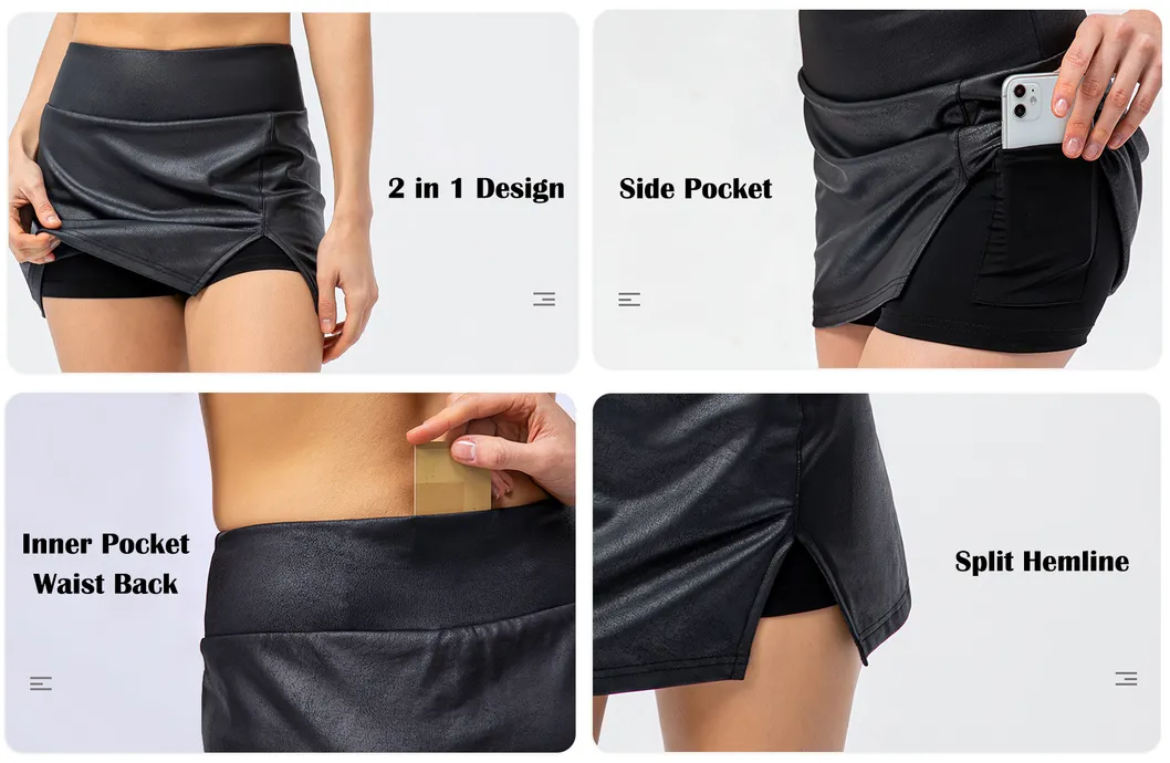 Nova Saia Esportiva Justa Preta com Fenda 2 em 1 Saia de Tênis Feminina com Shorts