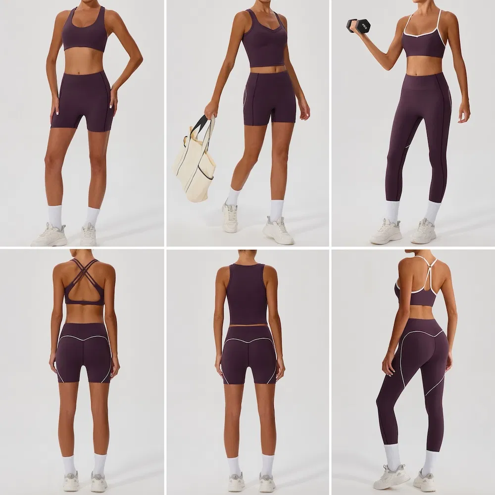 Roupas de Fitness Sexy Novas Tendências Conjunto de Roupas de Ginástica em Bloco de Cores para Mulheres, 3 Estilos Sutiã Esportivo + Shorts Biker + Leggings de Corrida 5PCS Conjunto de Yoga para Treino Combinar