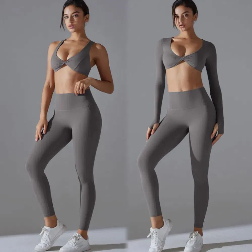 Conjunto de Roupas de Yoga Personalizadas por Atacado 4 Peça para Mulheres, Sutiã de Ginástica com Costas Cruzadas e 3 Design de Calças Justas de Cintura Alta para Fitness, Roupas Ativas, Moda Esportiva