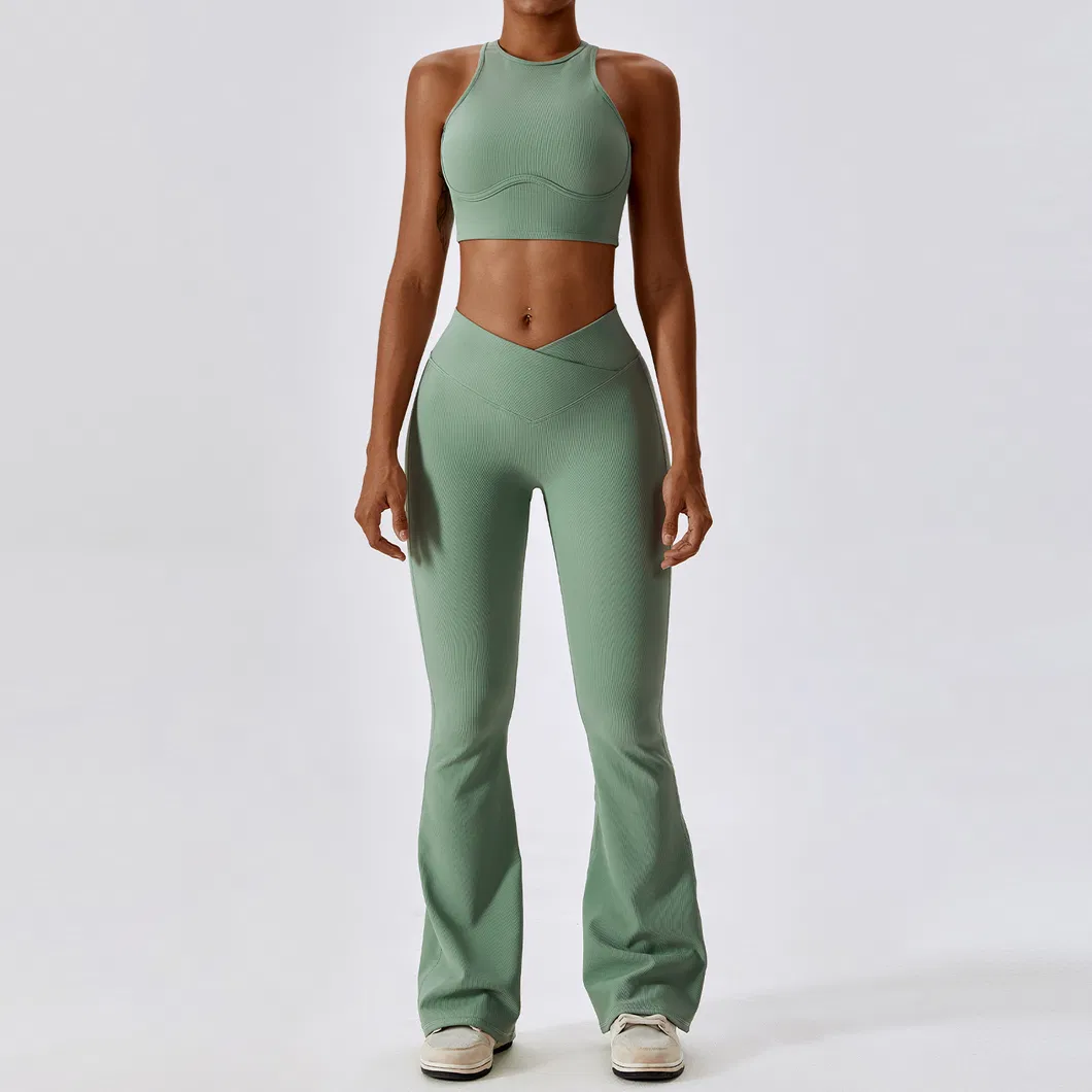 Novo Design 4 Calças de Yoga Flare de Compressão Ribbada e Stretchy para Atividades Físicas