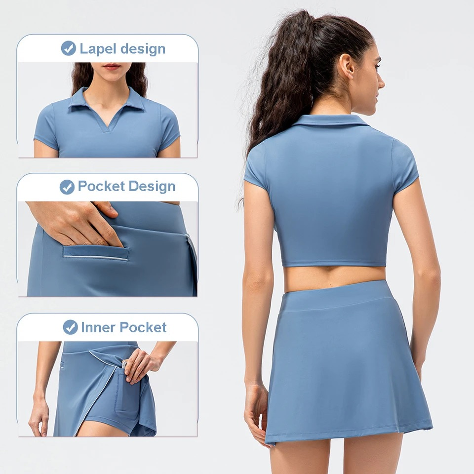 Novo Design Fofo Conjunto de Duas Peças Rápido Secagem Tênis Exercício Culotes Roupas Esportivas para Mulheres, Camiseta Cropped com Decote em V e Saias Atletas para Corrida e Treino