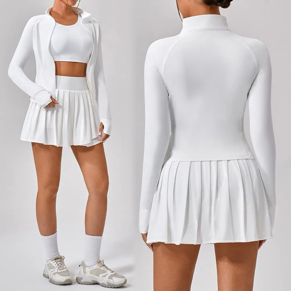 3PCS Novas Roupas de Exercício de Golfe com Design Fofo para Mulheres, Sutiã Esportivo + Vestido de Tênis com Shorts + Jaqueta Atlética com Zíper e Bolsos Anti UV