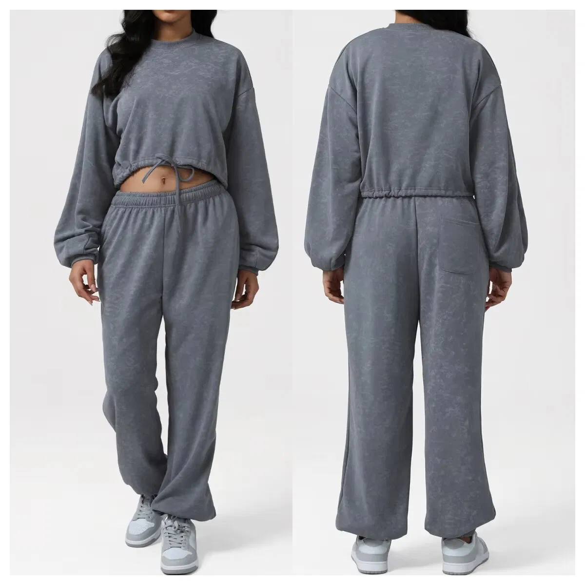Conjunto de Fitness com Moletom Estampado de Manga Longa e Gola Redonda, Calças Cuffadas de Cintura Alta, Roupas de Academia Respirável e que Absorvem a Umidade