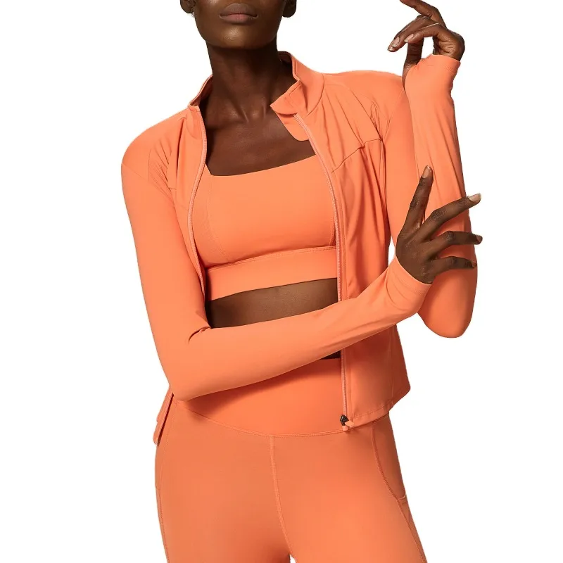 Jaqueta Casual de Treino com Zíper para Mulheres, Top Slim de Manga Longa, Jaqueta de Yoga, Corrida e Fitness, Top Sem Costura, Roupas Esportivas