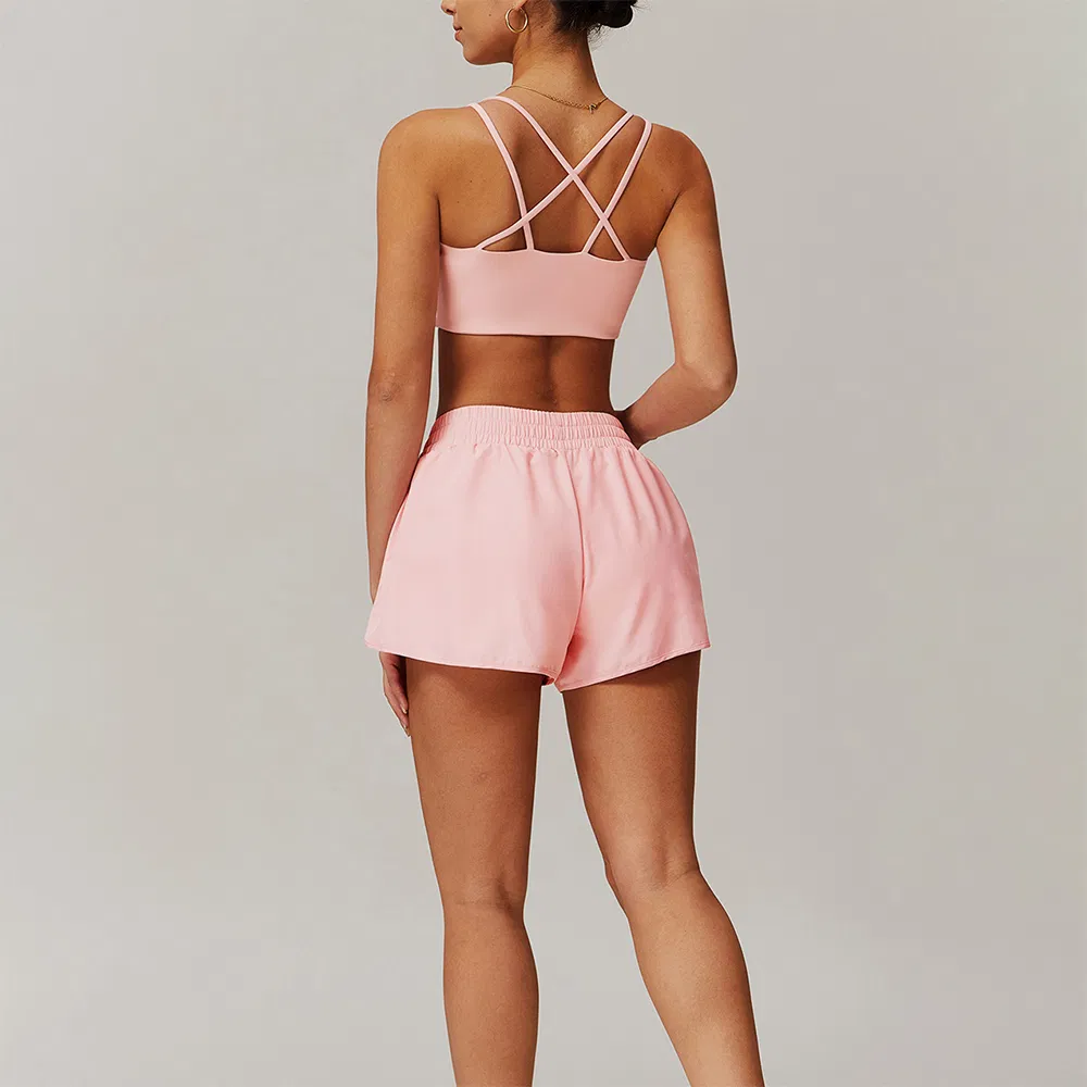 Top de treino com secagem rápida, sutiã de crossfit, shorts de moda para corrida e ciclismo com bolsos 2 peças de roupas de ginástica para mulheres, treinamento e ioga