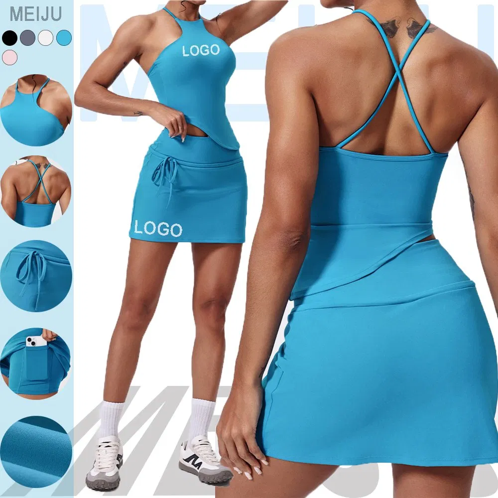 Saia de Tênis Feminina Justa com Bolso, Roupas de Fitness com Top Halter para Yoga