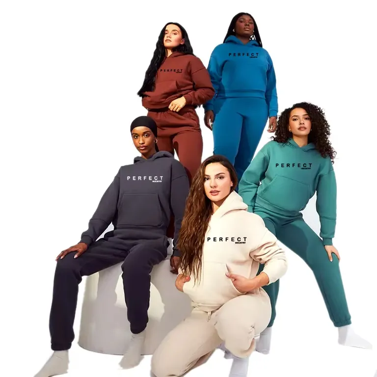 Conjunto de moletom cropped slim fit de cor sólida personalizado por atacado, casual, duas peças, com zíper, moda esportiva para mulheres