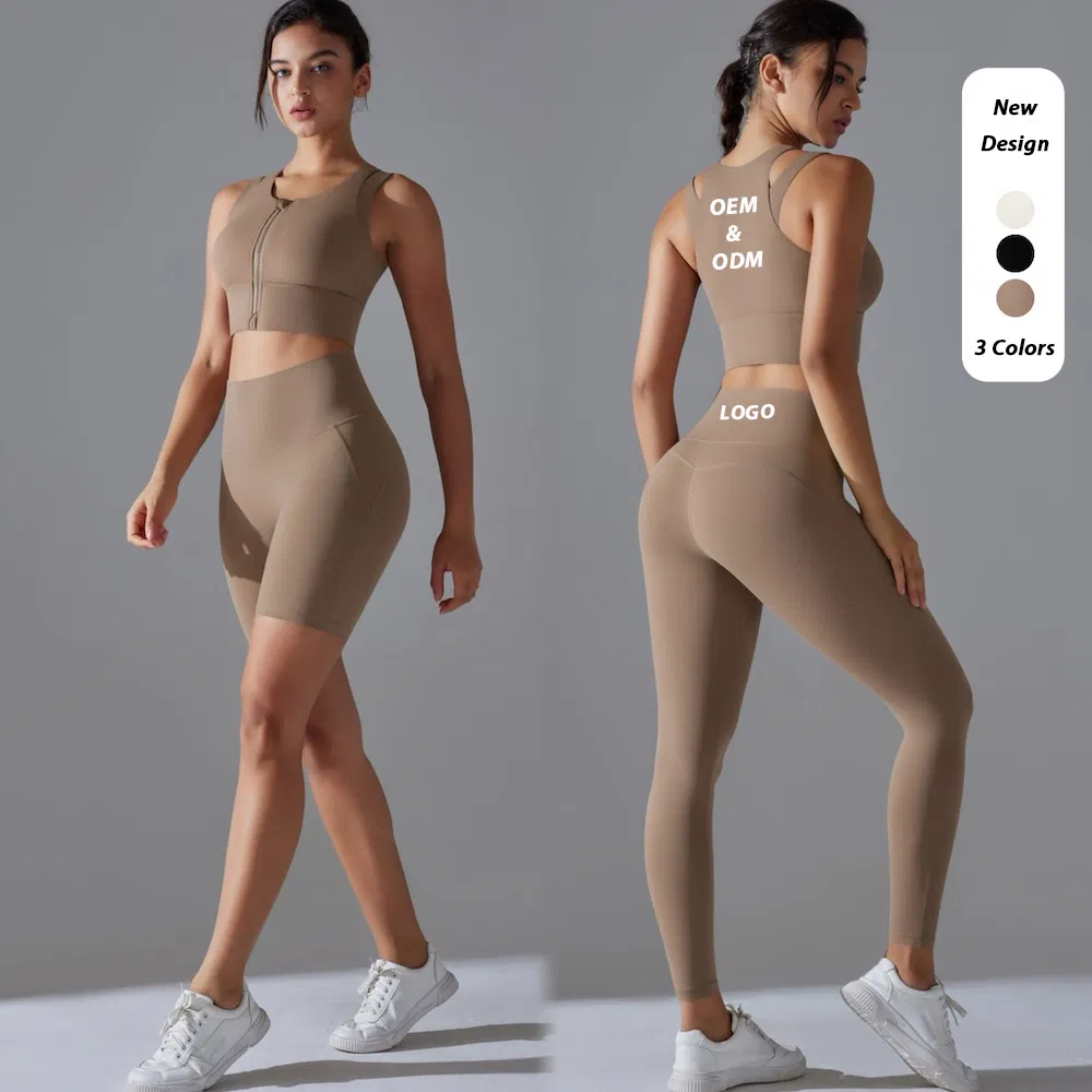 Conjunto de Yoga com zíper frontal 3 peças