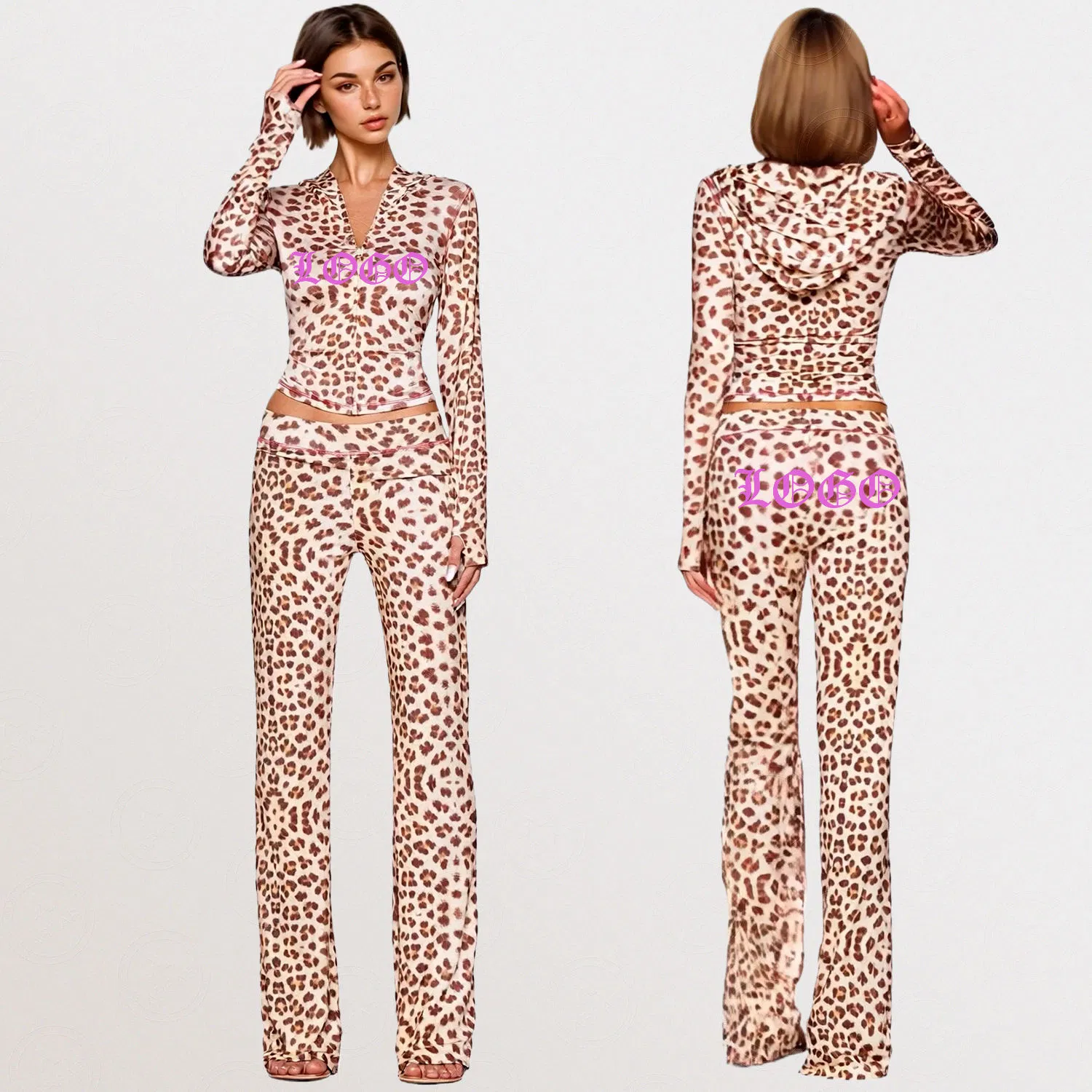 Conjunto de Roupa Casual Feminina de Esporte com Jaqueta de Capuz e Calças Flare em Estampa de Leopardo de Poliéster 2 Peça para Primavera