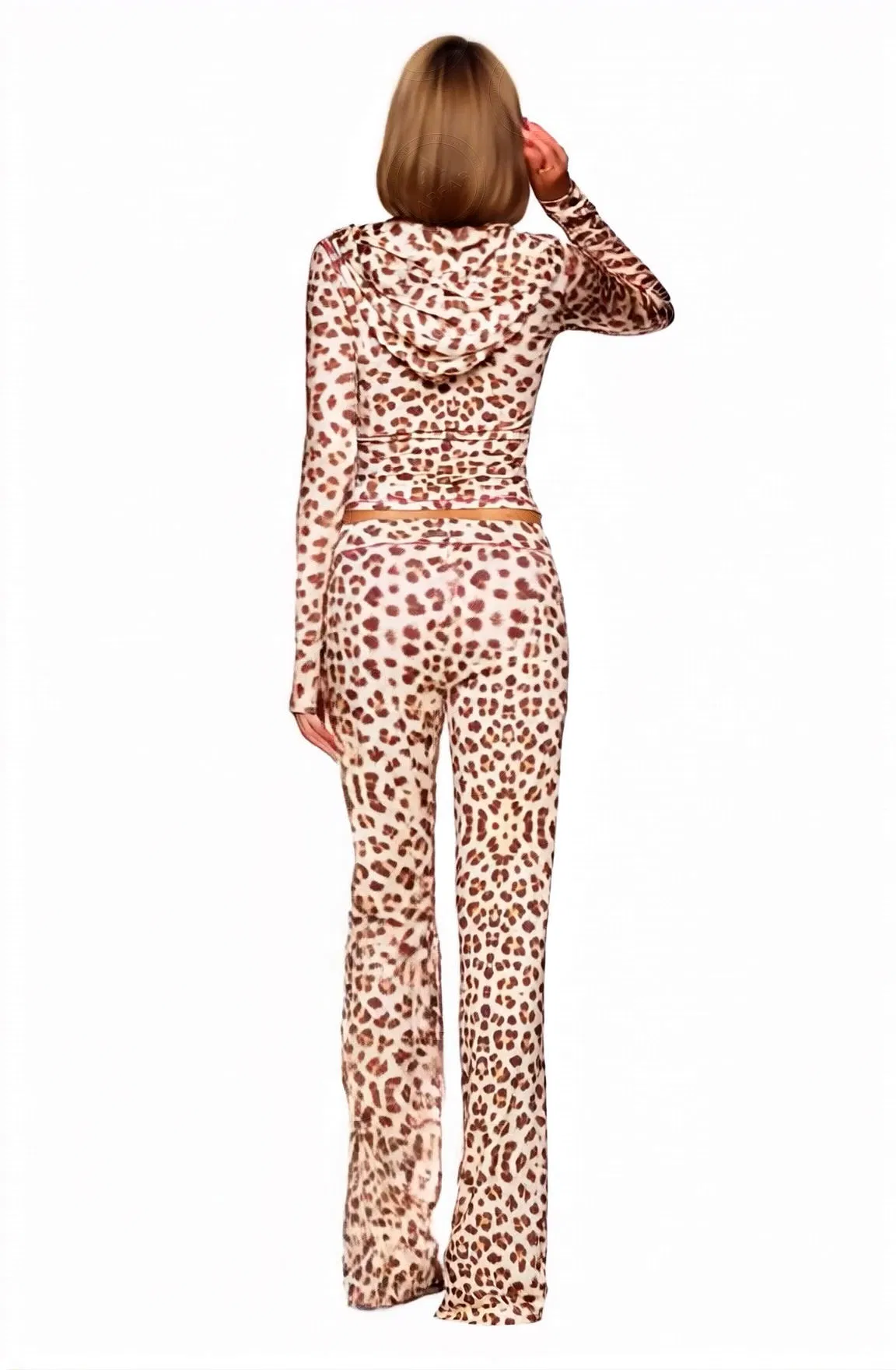 Conjunto de Roupa Casual Feminina de Esporte com Jaqueta de Capuz e Calças Flare em Estampa de Leopardo de Poliéster 2 Peça para Primavera