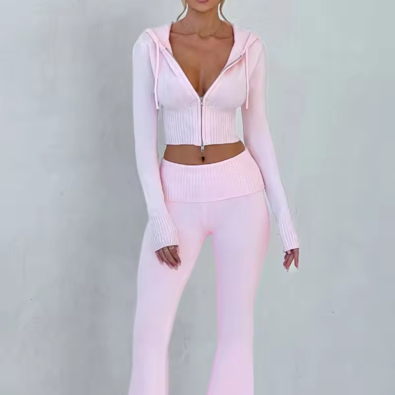 Conjunto de moletom cropped slim fit de cor sólida personalizado por atacado, casual, duas peças, com zíper, moda esportiva para mulheres