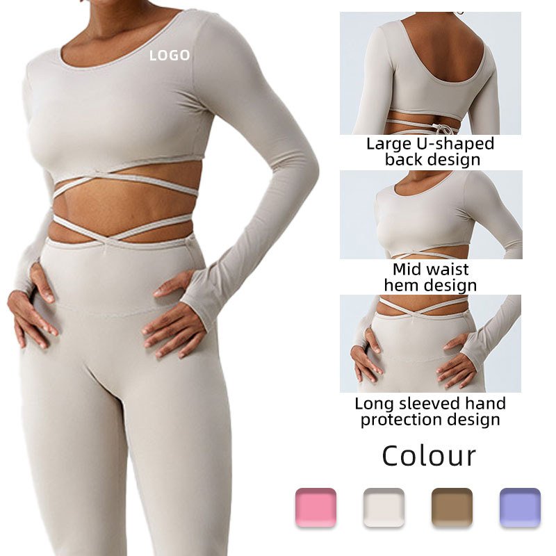Novo Top de Yoga de Manga Longa com Cinto Fino para Mulheres, Camiseta Esportiva Respirável para Corrida, Roupas de Fitness Justas