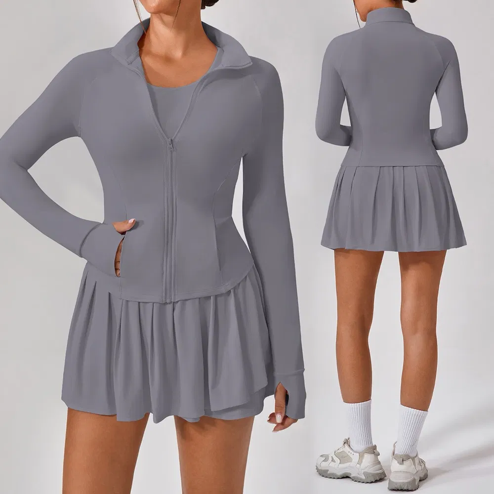3PCS Novas Roupas de Exercício de Golfe com Design Fofo para Mulheres, Sutiã Esportivo + Vestido de Tênis com Shorts + Jaqueta Atlética com Zíper e Bolsos Anti UV