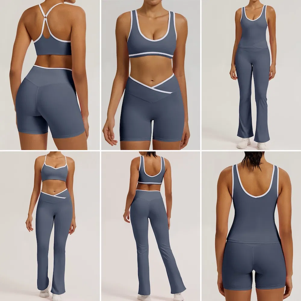 Nova Tendência 6 Peça Premium Colorida Bloco Sexy Roupas de Yoga Roupas de Treino para Mulheres, Roupas de Pilates 3 Tops com Cintura Cruzada Shorts de Yoga Roupas de Treino Calças Flare