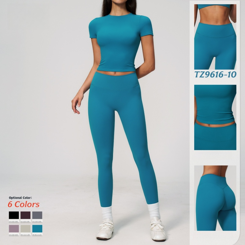 Roupas de Moda Fitness, Roupas Esportivas, Leggings de Cintura Alta para Corrida e Blusa Justa de Gola Redonda