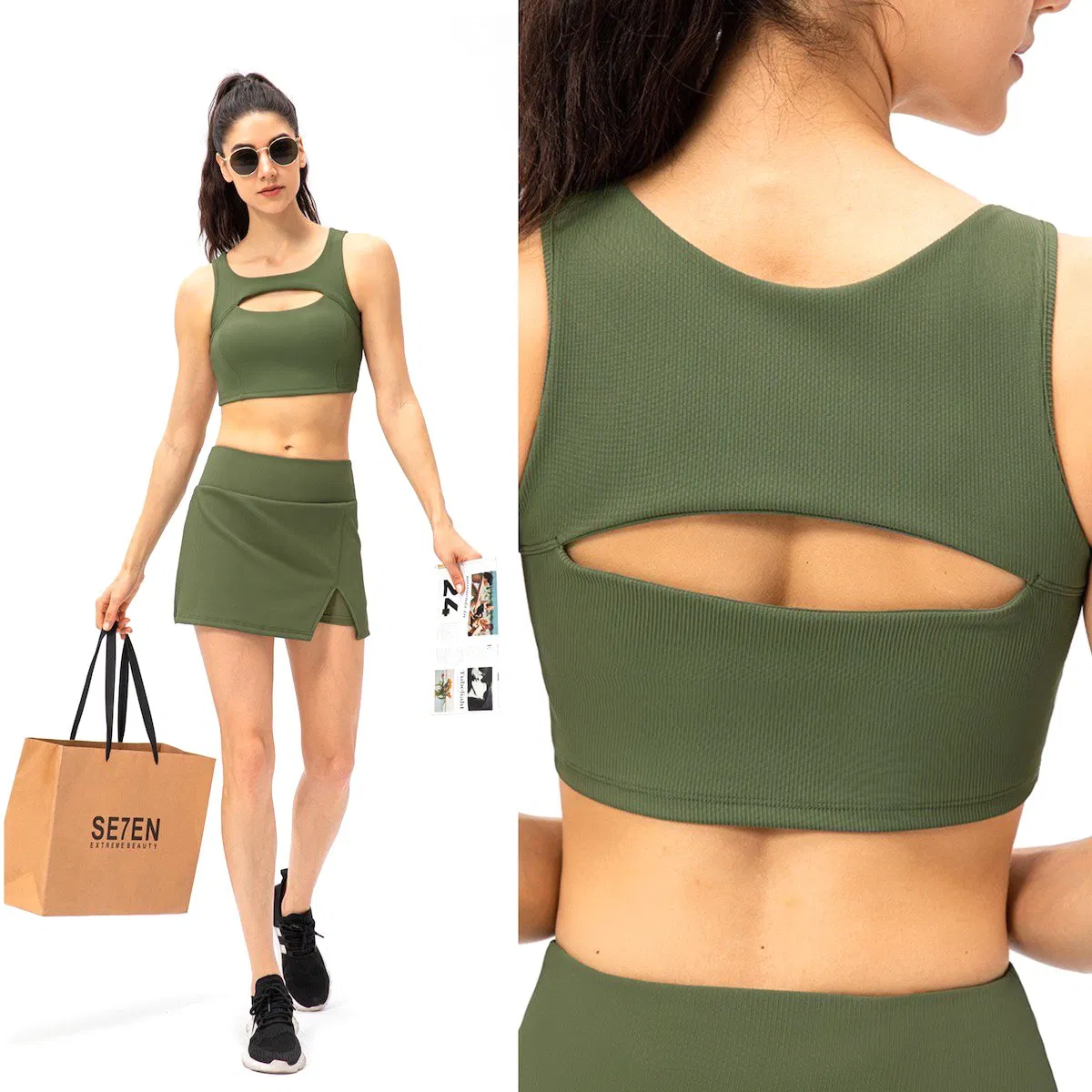 Novo Conjunto Premium Recortado de Roupas de Golfe e Tênis para Mulheres, 2 PCS Conjunto de Top Cropped para Exercício + Shorts Biker com Bolso + Saias Atletas para Academia
