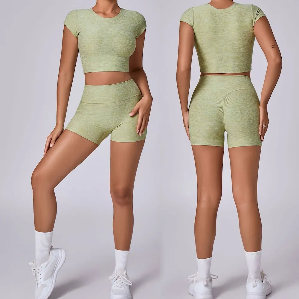 Novos Conjuntos de Roupas de Academia de Compressão Premium e Macias para Mulheres, Camisetas de Corrida de Duas Peças com Shorts de Cintura Alta para Treino Conjuntos de Roupas Ativas de Verão 2PCS