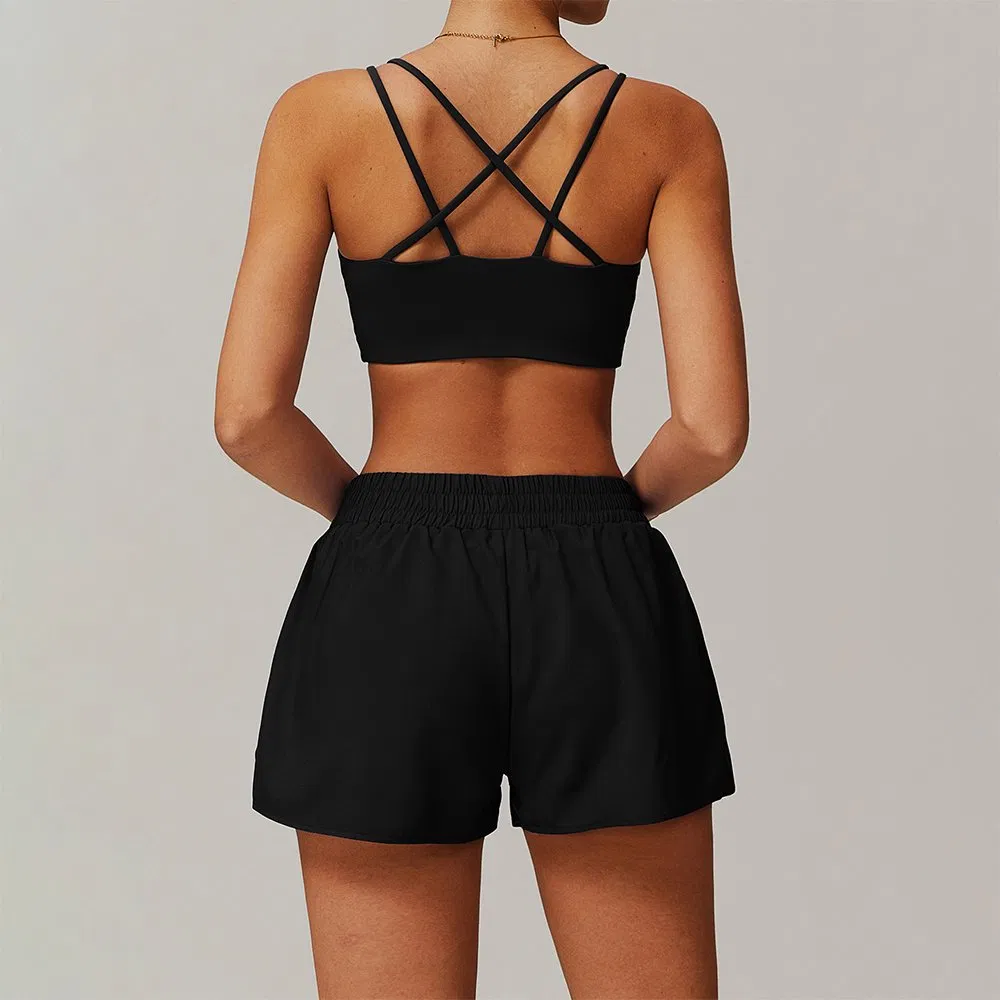 Top de treino com secagem rápida, sutiã de crossfit, shorts de moda para corrida e ciclismo com bolsos 2 peças de roupas de ginástica para mulheres, treinamento e ioga