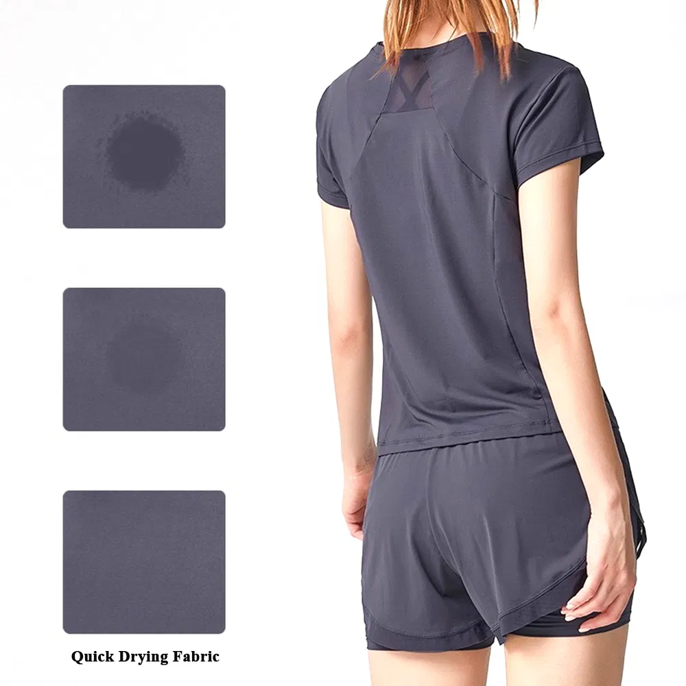 Atacado de Fábrica 5XL Roupas de Ginástica Plus Size para Mulheres, 2 Conjunto de Camisetas de Verão para Corrida com Bolso Oculto e Shorts Atletas