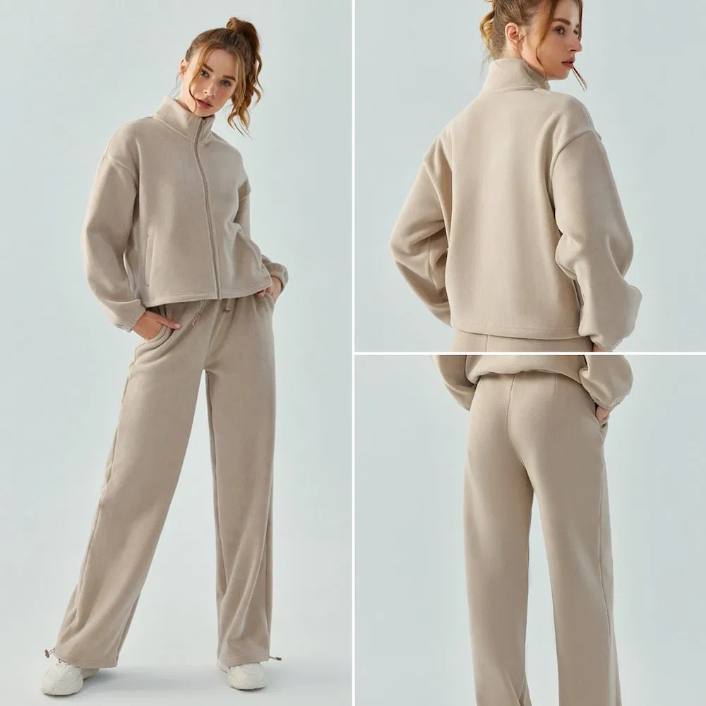 Conjuntos de moletom plus size forrados de fleece para atacado, roupas esportivas de ginásio, vestuário de rua personalizado, jaqueta casual com zíper + calças jogger, conjuntos de treino para mulheres