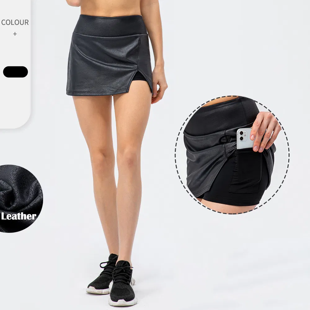 Nova Saia Esportiva Justa Preta com Fenda 2 em 1 Saia de Tênis Feminina com Shorts