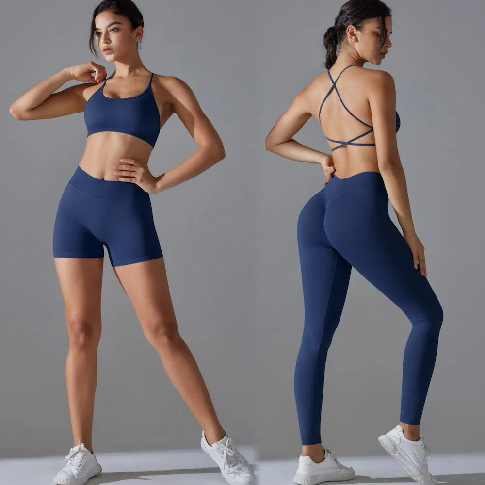 Atacado 3PCS Roupas de Ginástica Sexy Ropa De Yoga para Mulheres, Sutiã Esportivo Personalizado com Costas Cruzadas + Shorts Booty com Costas em V + Leggings de Fitness Sem Costura Roupas Ativas