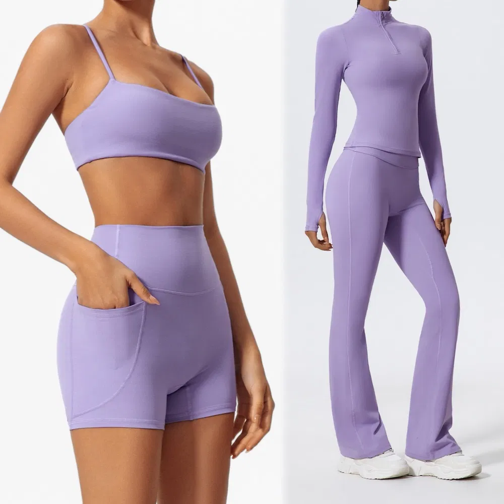 Conjunto de Treino Personalizado com Logo Tianchen 4PCS de Alta Qualidade, Respirável, Roupas de Academia para Mulheres, Sutiã Esportivo + Pulôver de Fitness + Shorts de Corrida + Calças de Yoga Flare
