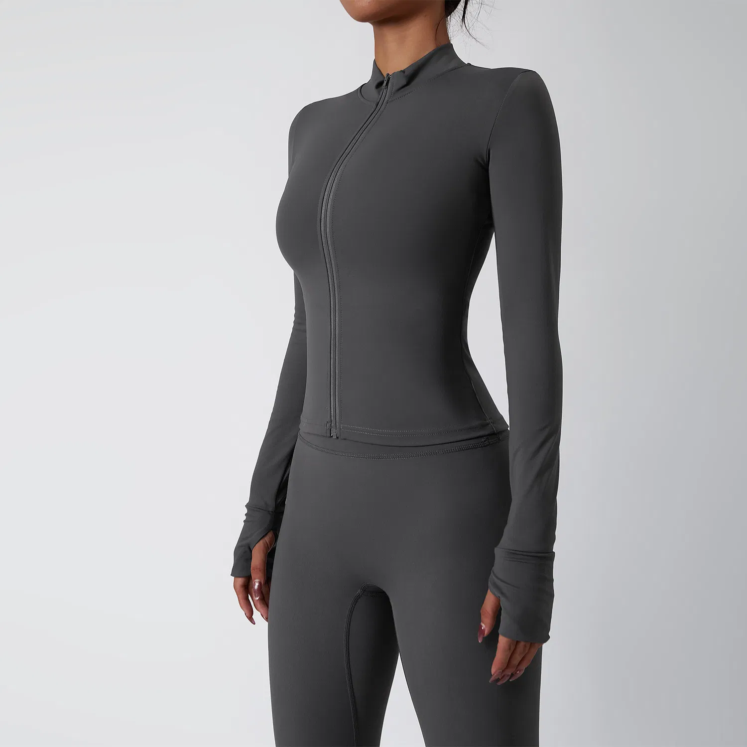 Conjunto de Fitness com Zíper de Manga Longa para Mulheres e Meninas e Sutiã Nu, Conjunto de Yoga com Sutiã Halter e Leggings