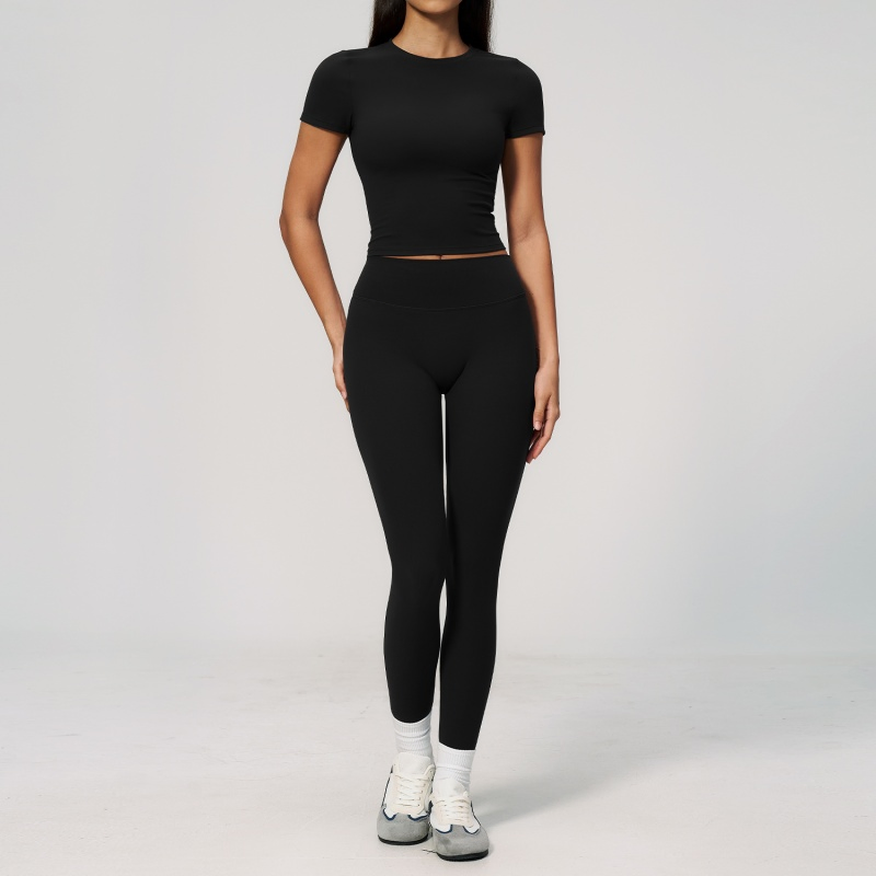 Roupas de Moda Fitness, Roupas Esportivas, Leggings de Cintura Alta para Corrida e Blusa Justa de Gola Redonda
