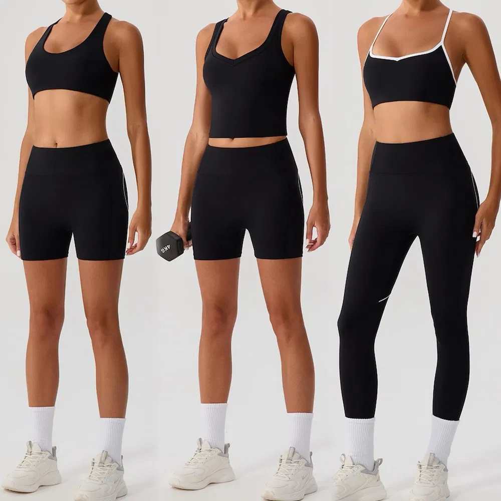 Roupas de Fitness Sexy Novas Tendências Conjunto de Roupas de Ginástica em Bloco de Cores para Mulheres, 3 Estilos Sutiã Esportivo + Shorts Biker + Leggings de Corrida 5PCS Conjunto de Yoga para Treino Combinar