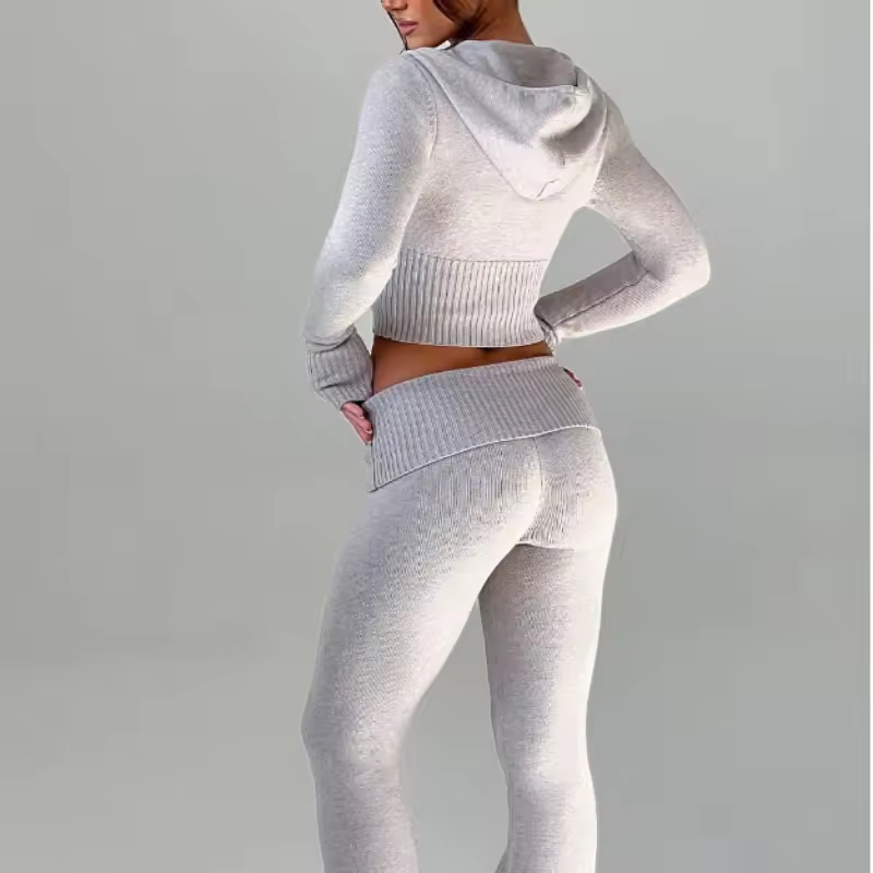 Conjunto de moletom cropped slim fit de cor sólida personalizado por atacado, casual, duas peças, com zíper, moda esportiva para mulheres