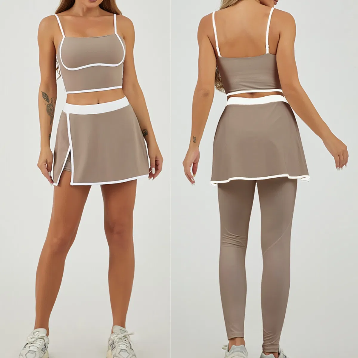 Nova Tendência 3PCS Roupas de Esporte em Cores Patchwork para Mulheres, Top Esportivo Fofo + Saias de Tênis + Leggings com Saia e Bolso Conjuntos de Roupas Ativas Coordenadas