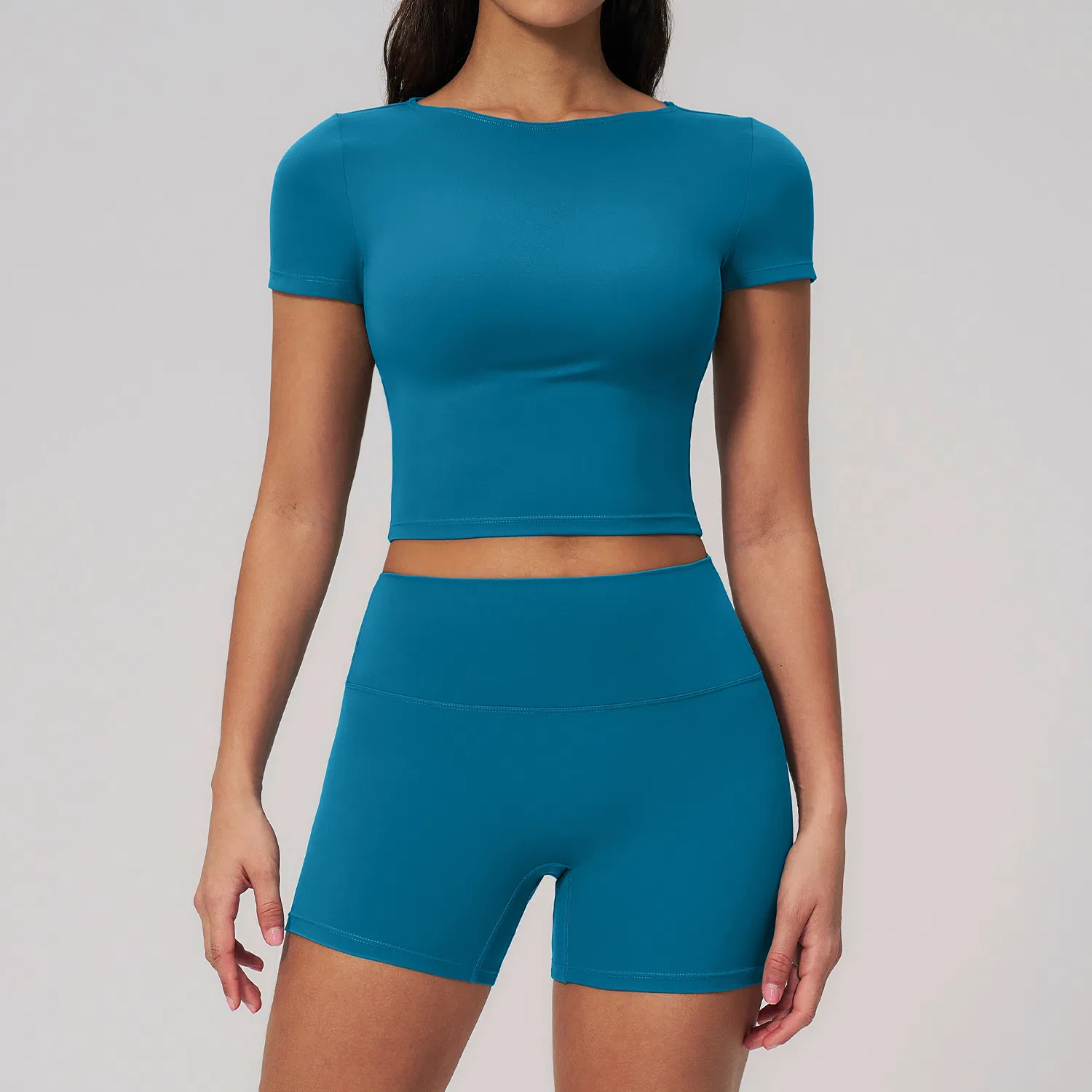 Conjunto de Top de Yoga Cortado e Shorts de Cintura Alta para Mulheres, Roupa de Fitness, Tecido que Remove o Suor, Roupas de Academia, Design Sem Costura, Ajuste Confortável, Compre Online, Frete Grátis