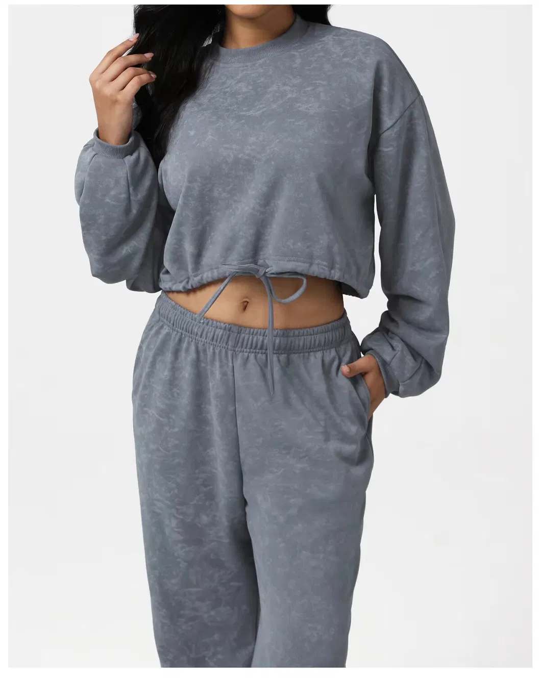 Conjunto de Fitness com Moletom Estampado de Manga Longa e Gola Redonda, Calças Cuffadas de Cintura Alta, Roupas de Academia Respirável e que Absorvem a Umidade