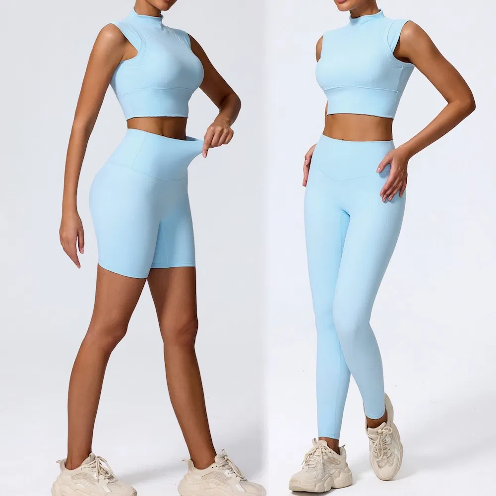 Conjunto de Roupas de Treino Fashion Trendy Slim Fit 2/3PCS para Mulheres, Top de Esporte com Gola Alta + Shorts de Yoga de Cintura Alta + Leggings de Corrida