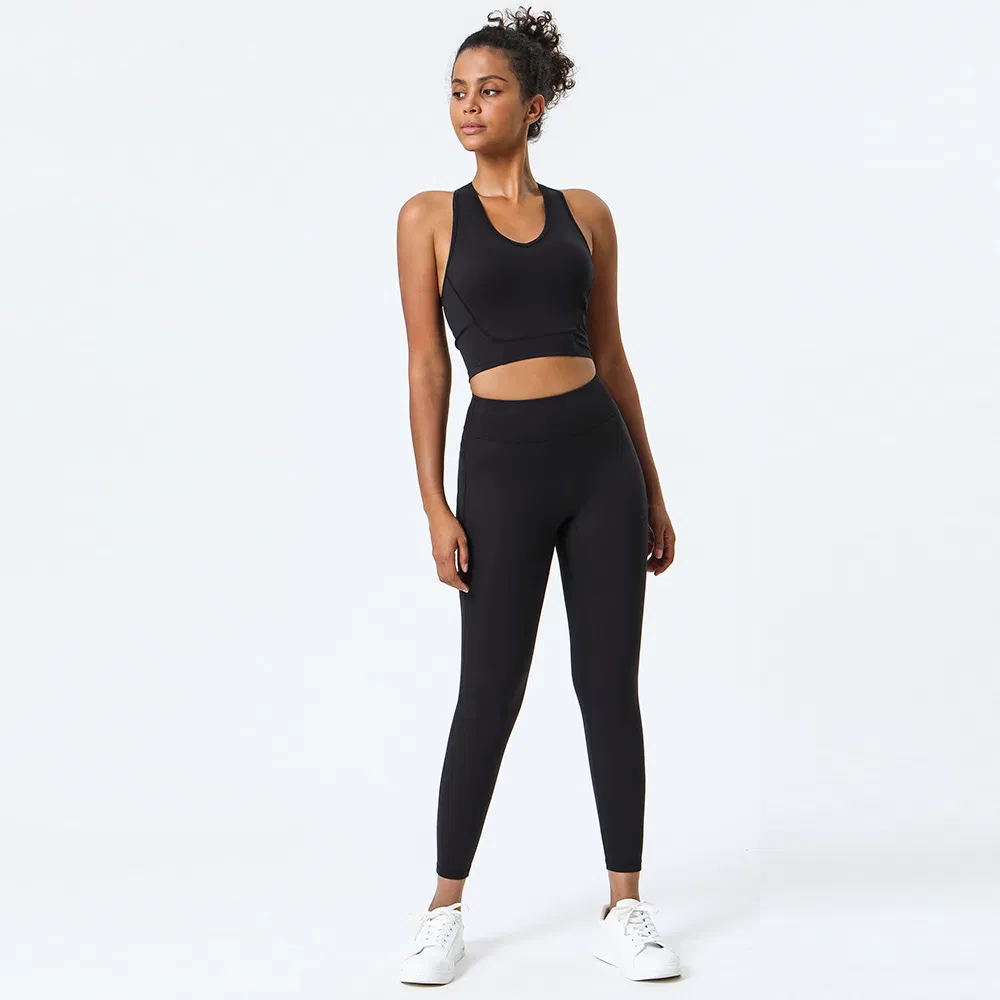 Conjunto de Top Sem Mangas e Leggings para Mulheres com Design de Malha Respirável para Yoga e Corrida