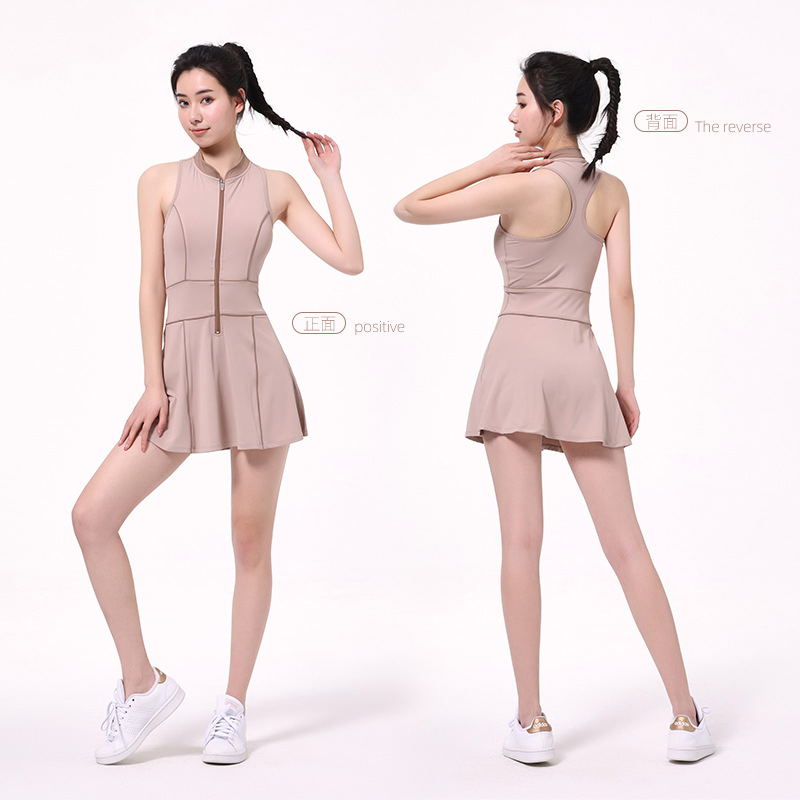 Vestido de Fitness Esportivo de Verão com Zíper, Sexy, Slim, Sem Mangas, Roupas de Tênis na Cor Nude